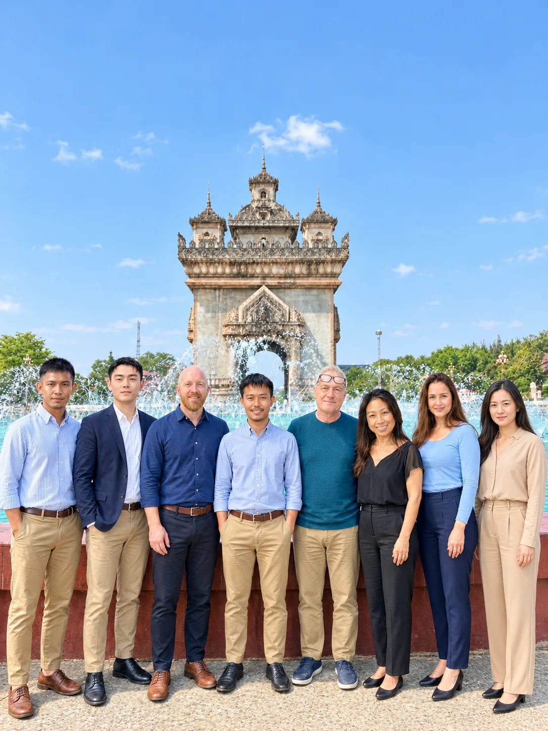 Visagov team in front of Patuxay, Vientiane